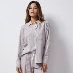 MONROW Stripe Poplin Relaxed Shirt PECANSTRIPE Clearance